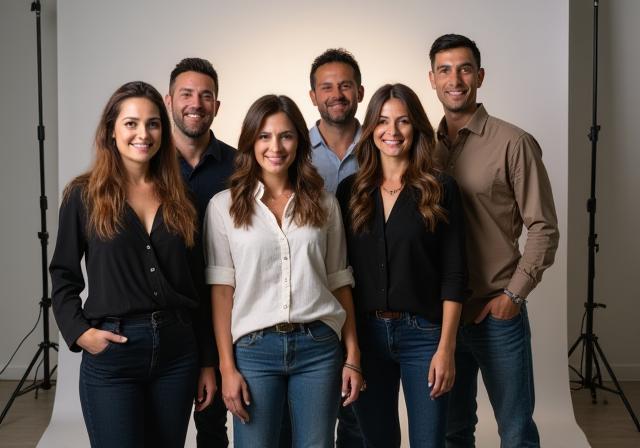 Photo of the Luz & Cor Fotografia Studio team smiling in their studio.